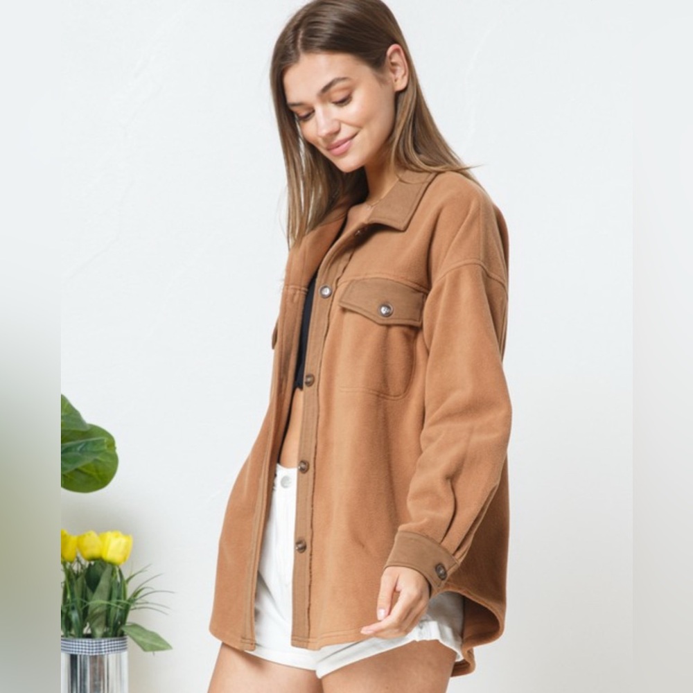 NEW blue b Light Brown Fleece Contrast Relaxed Fit Mix Shirt Jacket Shacket - Picture 3 of 3